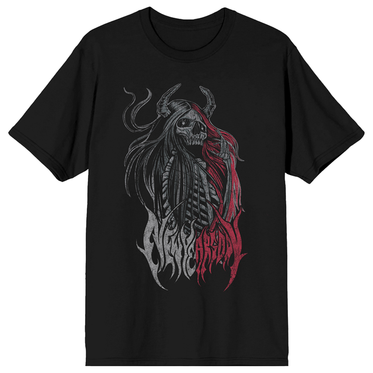 A black cotton tee shirt with custom New Years Day artwork on the front.