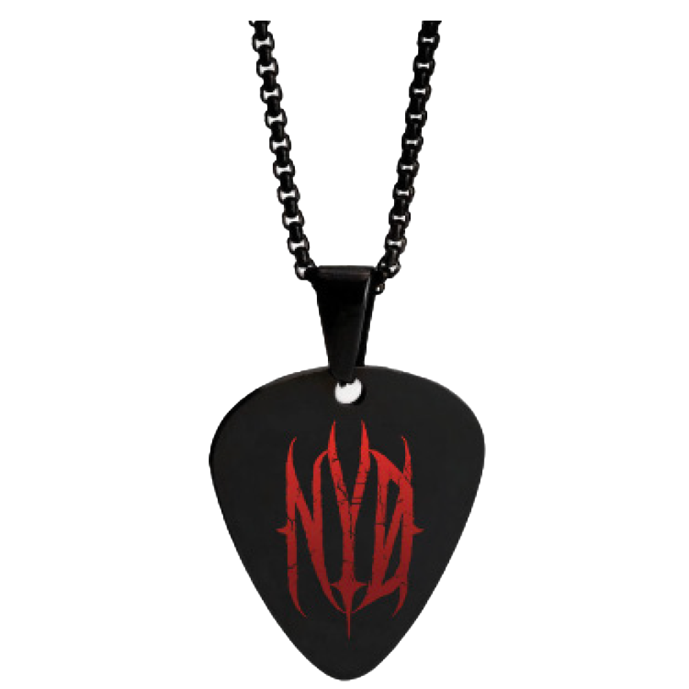 A ball chain necklace with black guitar pick charm, featuring a red New Years Day logo on the front.