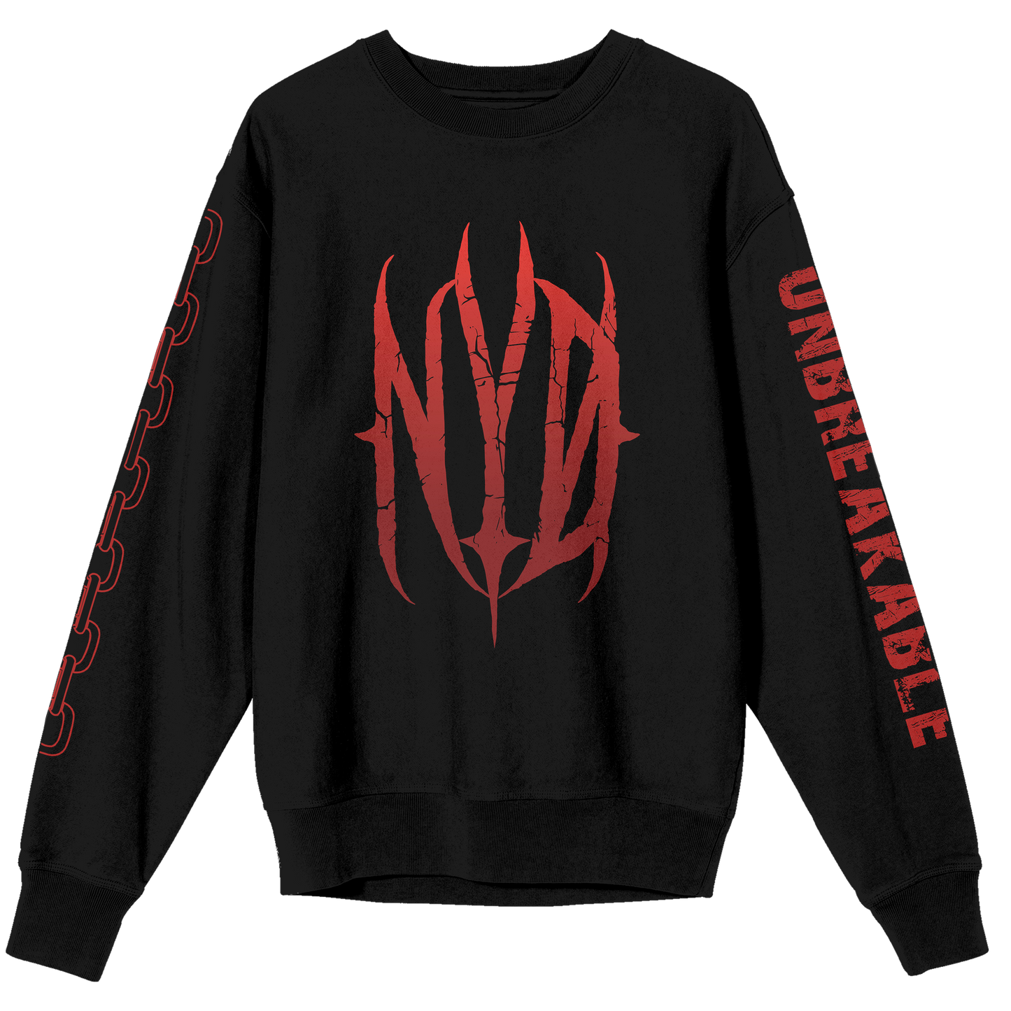 A black pullover sweatshirt with custom red New Years Day artwork on the front and the sleeves.