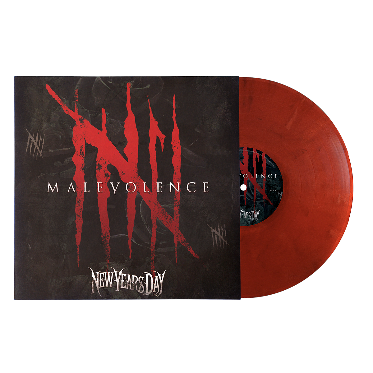 Vinyl record with red disc and black cover featuring 'Malevolence' by New Year's Day on a white background.