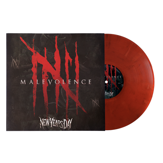 Vinyl record with red disc and black cover featuring 'Malevolence' by New Year's Day on a white background.