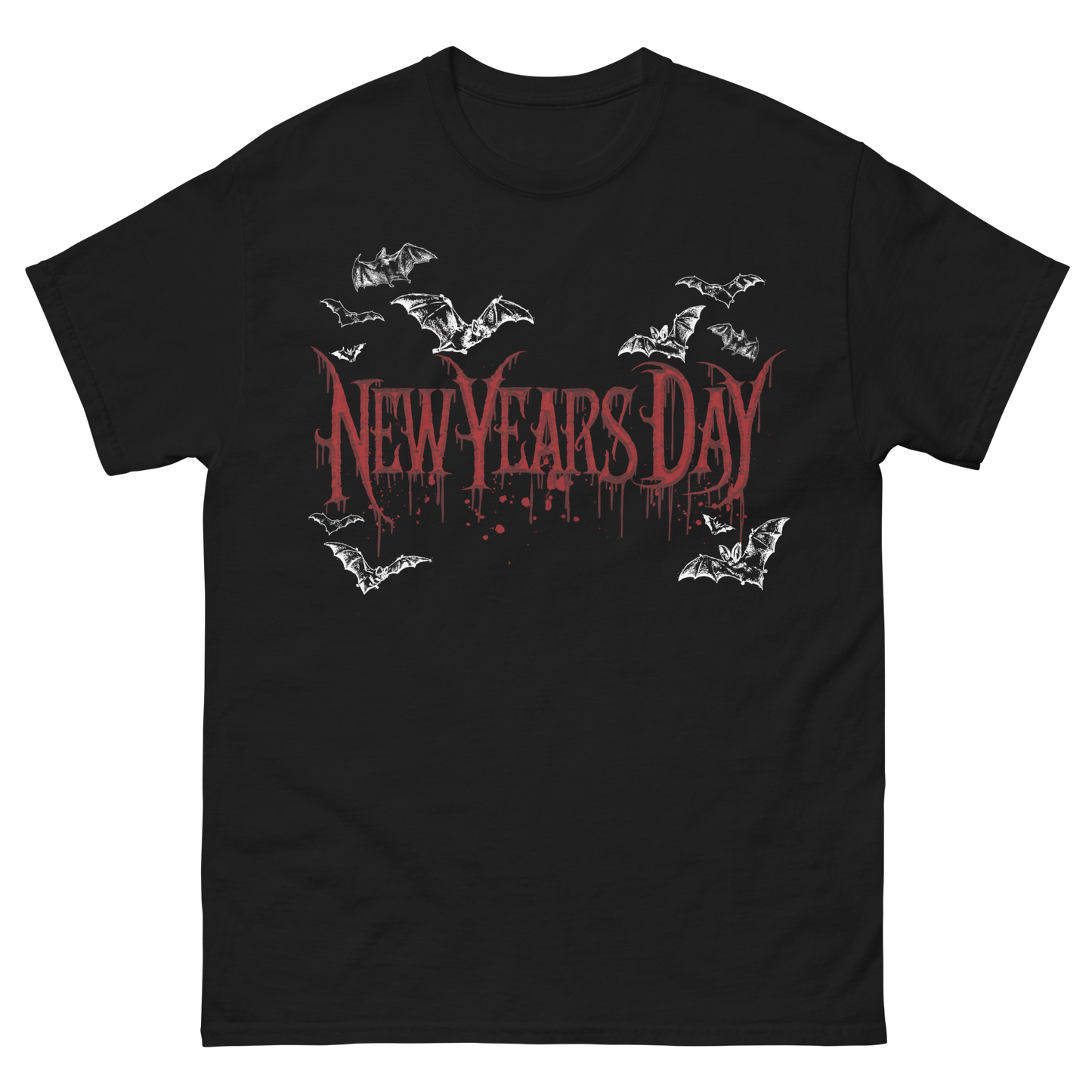 A classic black tee with New Years Day logo and bats artwork on the front, from New Years Day.