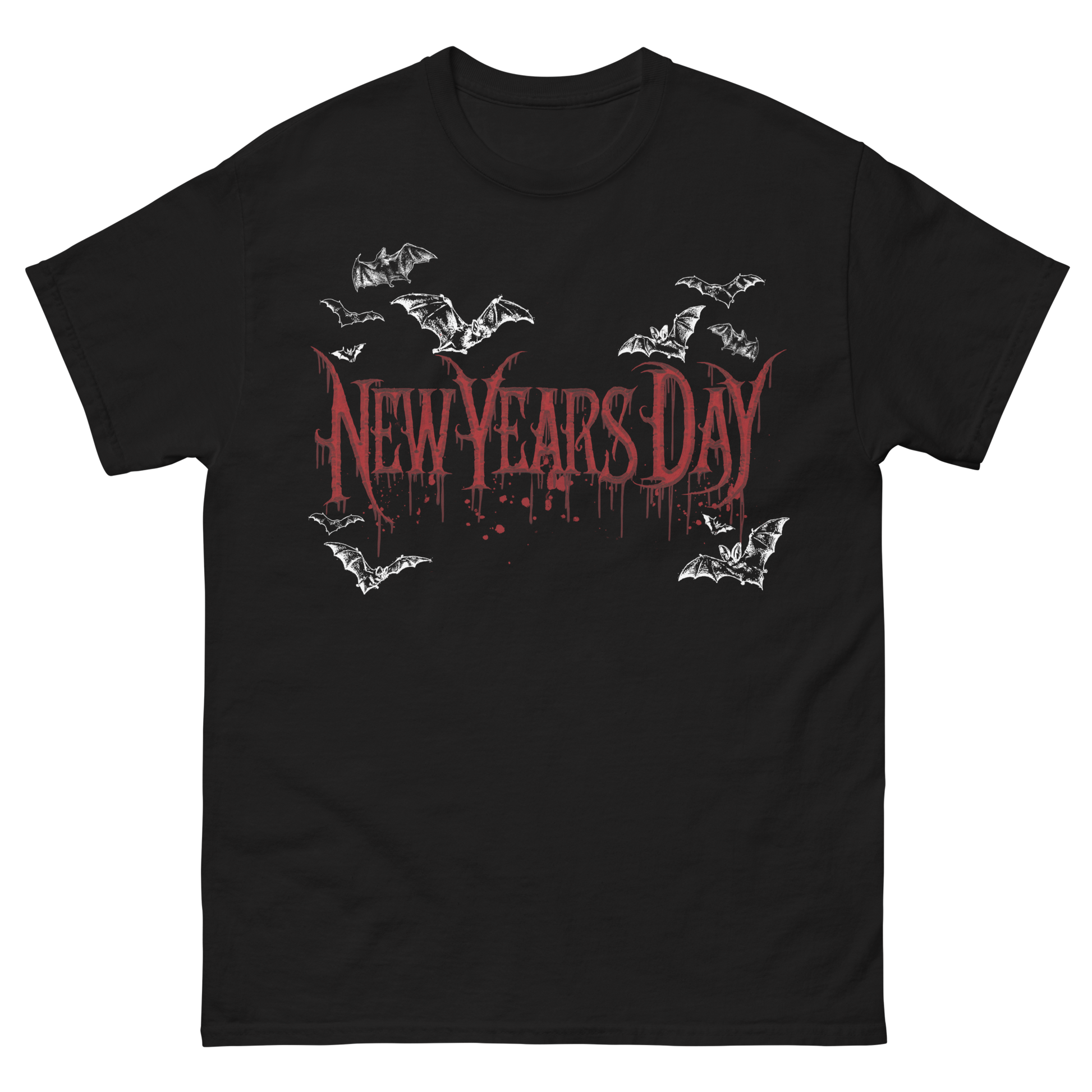 A classic black tee with New Years Day logo and bats artwork on the front, from New Years Day.