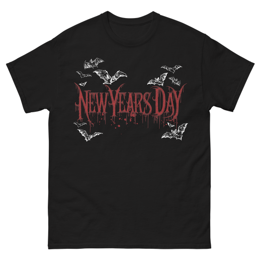 A classic black tee with New Years Day logo and bats artwork on the front, from New Years Day.